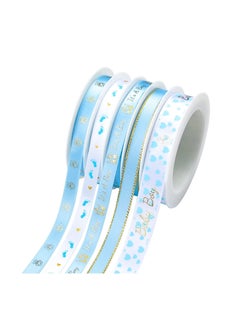 XiuWoo Baby Shower Ribbon 5 Rolls Blue Feet Bear Bronzing Stain Ribbon Polyester Fabric for Birthday Christening Party Favor Gift Wrapping Sewing Party Wedding  - Image 1