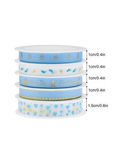 XiuWoo Baby Shower Ribbon 5 Rolls Blue Feet Bear Bronzing Stain Ribbon Polyester Fabric for Birthday Christening Party Favor Gift Wrapping Sewing Party Wedding  - Image 4