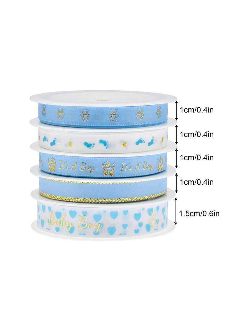XiuWoo Baby Shower Ribbon 5 Rolls Blue Feet Bear Bronzing Stain Ribbon Polyester Fabric for Birthday Christening Party Favor Gift Wrapping Sewing Party Wedding - Image 4