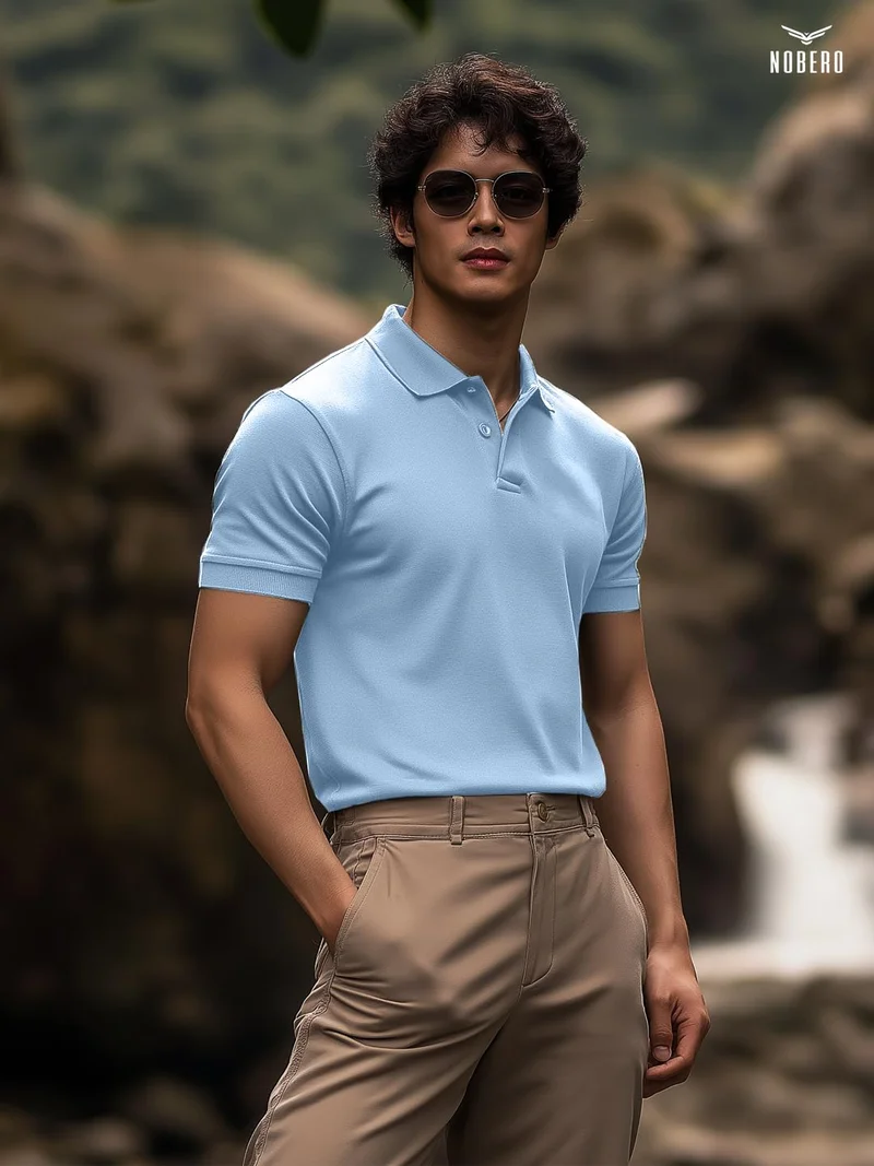 NOBERO  Men's Light Blue Cotton Regular Fit Polo Shirt for Men | Best Price UAE