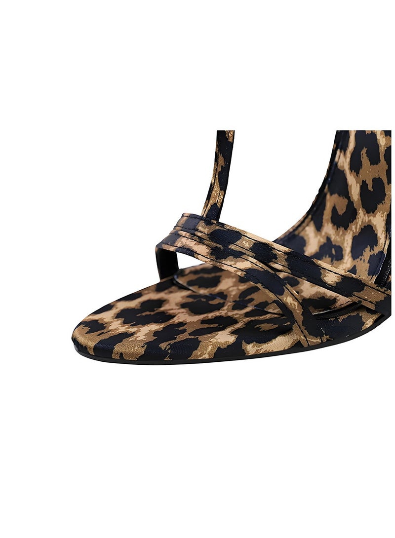 بيج تري المرأة عالية الكعب الصنادل مفتوحة القدم الكاحل حزام الكعب مريحة المضخات النمر الطباعة 8.5CM - Image 4