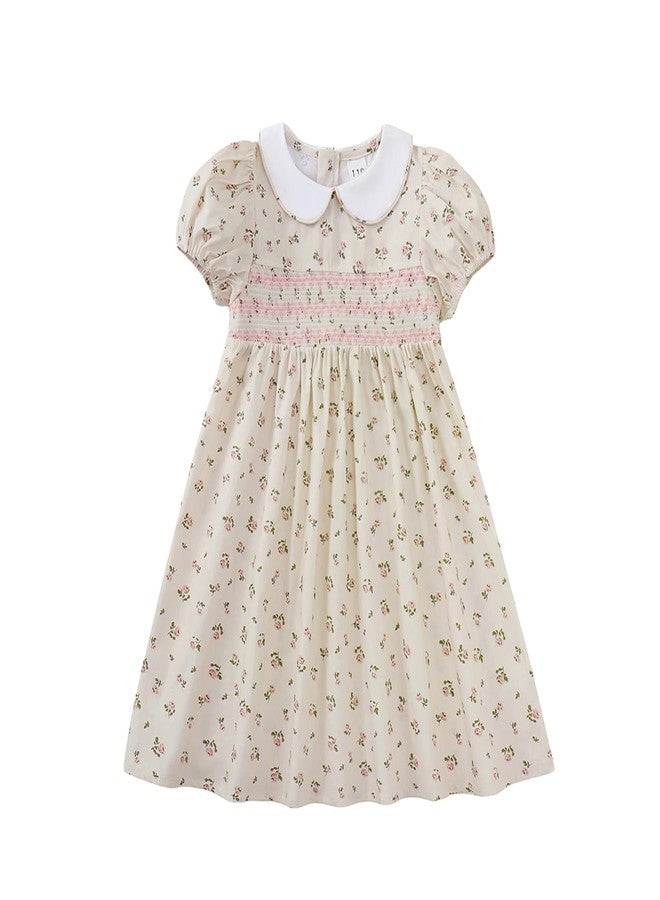 Magic Park 1-7Y Baby Girl Peter Pan Collar Dress Toddler Summer Dresses Kid A-line Skirt Girls Holidays Outfits (Apricot Puff Sleeve,3-4T) - Image 1