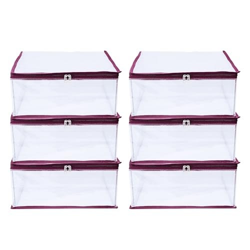 MBW Clothes Organiser for Wardrobe, Saree Covers with zip, Saree Organizer for Wardrobe, Clothes Storage Bag, Saree Bags Storage, Saree Covers for Storage, Transparent (Maroon - Pack of 6) - Image 1