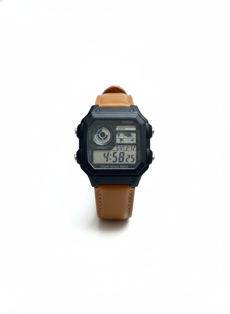 Macon Men’s Digital Sports Watch, Black Square Dial, Caramel Colour Leather Strap, Alarm, Stopwatch, Waterproof - Image 1