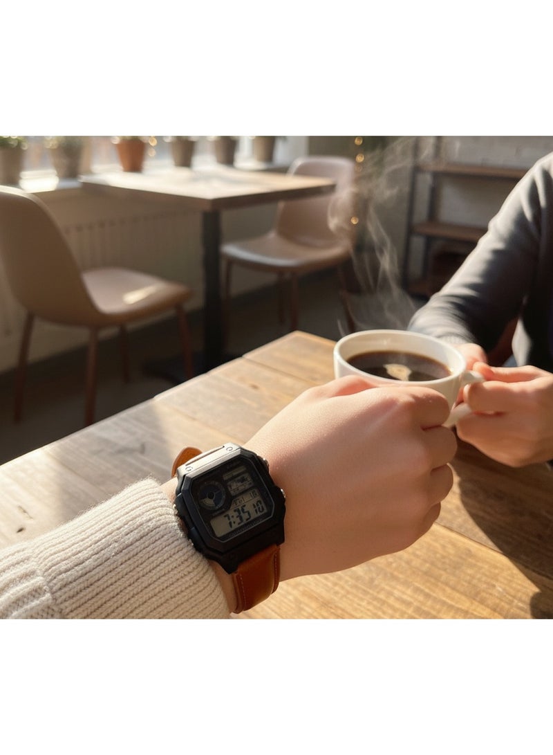 Macon Men’s Digital Sports Watch, Black Square Dial, Caramel Colour Leather Strap, Alarm, Stopwatch, Waterproof - Image 2