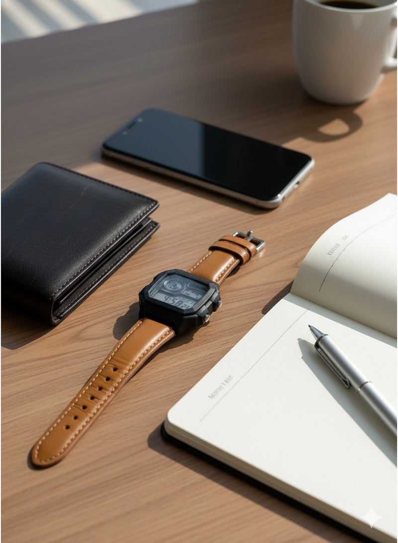 Macon Men’s Digital Sports Watch, Black Square Dial, Caramel Colour Leather Strap, Alarm, Stopwatch, Waterproof - Image 4