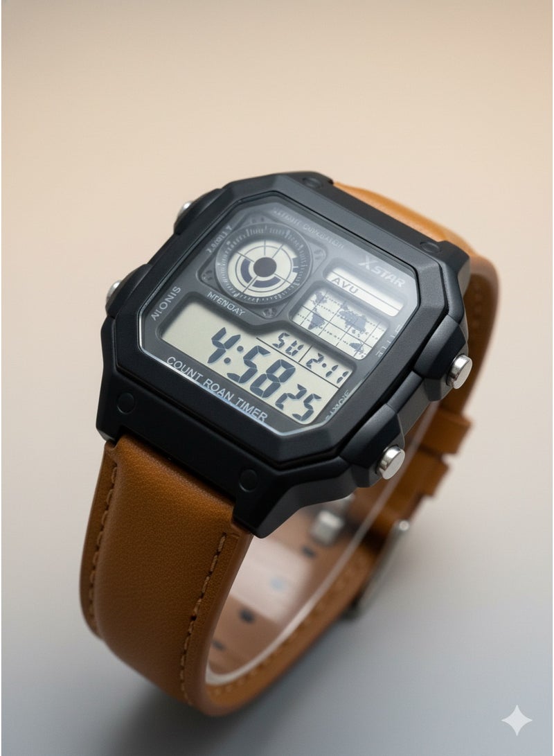 Macon Men’s Digital Sports Watch, Black Square Dial, Caramel Colour Leather Strap, Alarm, Stopwatch, Waterproof - Image 5