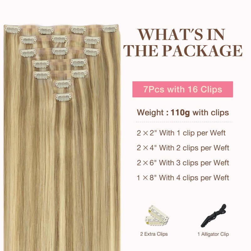 Goo-Goo GOO GOO Clip in Hair Extensions Real Human Hair, Remy Human Hair Extensions Clip ins for Women, Natural Human Hair, 14inch 110g 7Pcs, 16/22 Light Blonde Highlighted Golden Blonde - Image 2