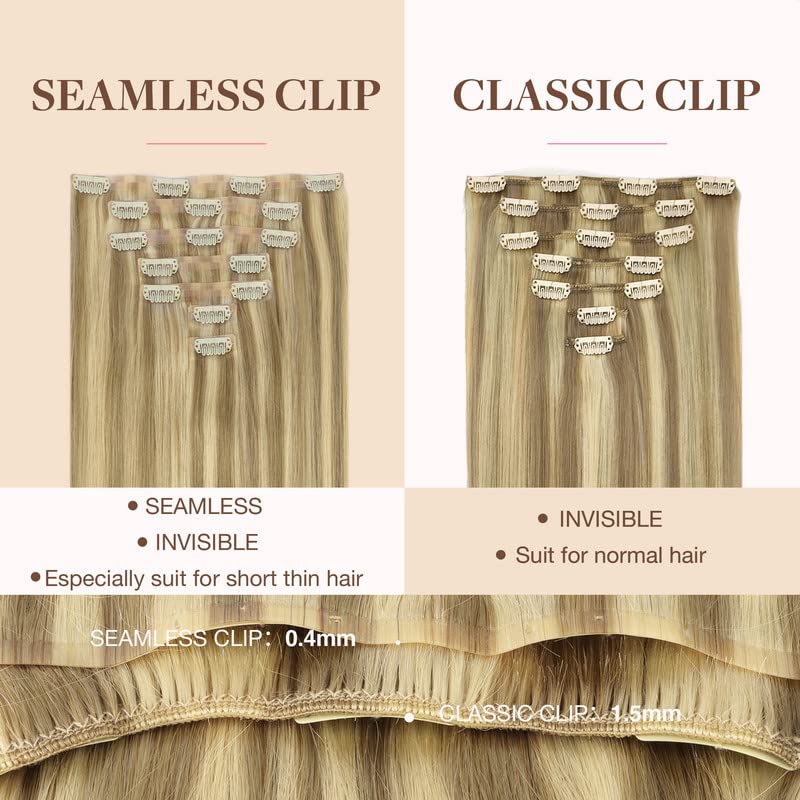 Goo-Goo GOO GOO Clip in Hair Extensions Real Human Hair, Remy Human Hair Extensions Clip ins for Women, Natural Human Hair, 14inch 110g 7Pcs, 16/22 Light Blonde Highlighted Golden Blonde - Image 4