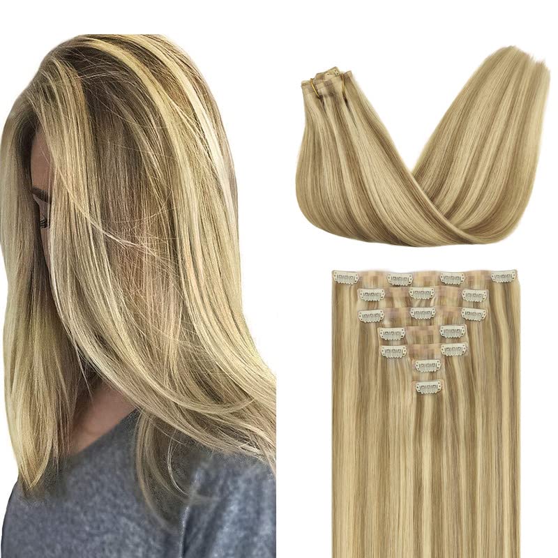 Goo-Goo GOO GOO Clip in Hair Extensions Real Human Hair, Remy Human Hair Extensions Clip ins for Women, Natural Human Hair, 14inch 110g 7Pcs, 16/22 Light Blonde Highlighted Golden Blonde - Image 1