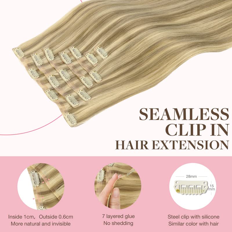 Goo-Goo GOO GOO Clip in Hair Extensions Real Human Hair, Remy Human Hair Extensions Clip ins for Women, Natural Human Hair, 14inch 110g 7Pcs, 16/22 Light Blonde Highlighted Golden Blonde - Image 3