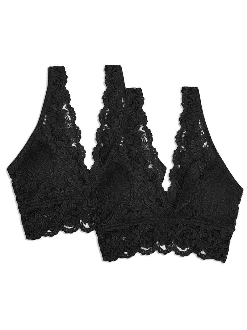 Wirefree Soft Bra: Black Small Deep V-Neck V-Back Scalloped Lace Brims - Full-Coverage Underwire-Free Cups Wide Non-Roll Below-Bust Brim for Women Sleep Yoga - Image 1