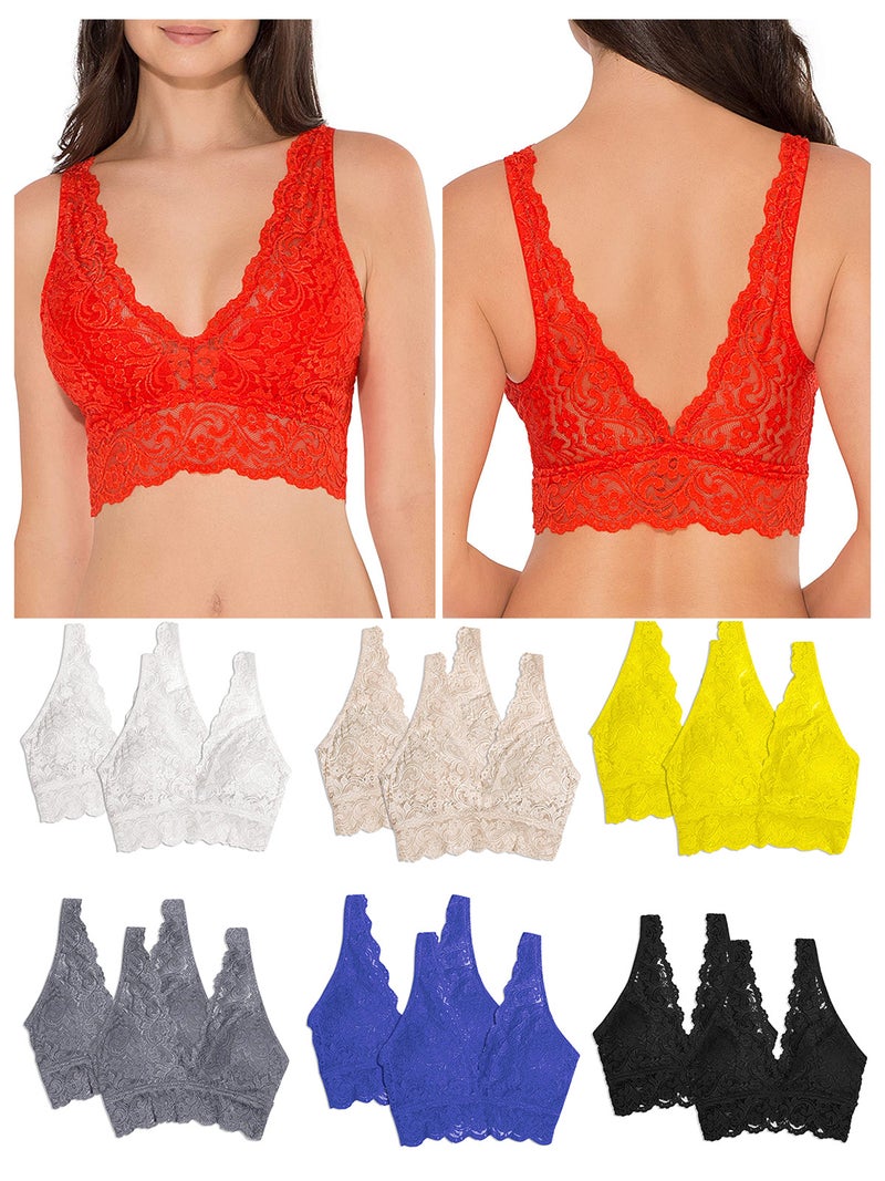 Wirefree Soft Bra: Black Small Deep V-Neck V-Back Scalloped Lace Brims - Full-Coverage Underwire-Free Cups Wide Non-Roll Below-Bust Brim for Women Sleep Yoga - Image 3