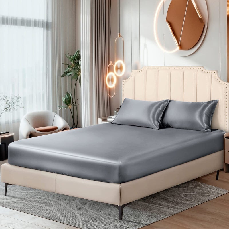 Ersmak Satin Fitted Sheet Only Luxury Silky Twin Fitted Sheet Ultra Soft Deep Pocket Bottom Sheet Wrinkle Fade Resistant Silver Grey