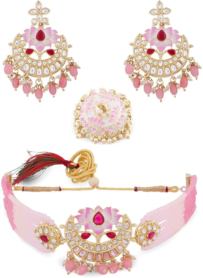 Pink Meenakari Lotus Design Multistrand Beaded Choker Necklace Earring & Ring Set For Women ZPFK13806  - Image 1
