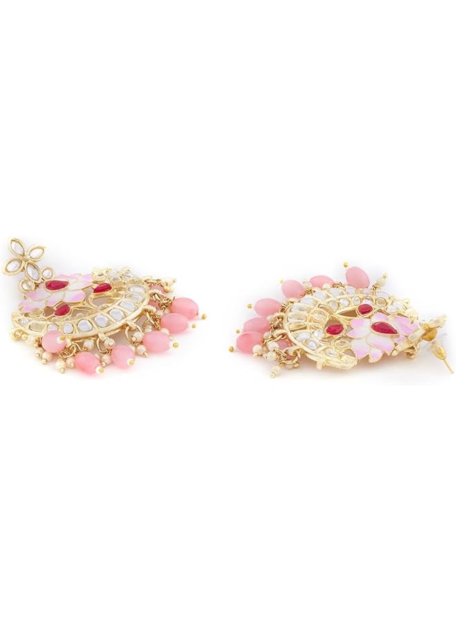 Pink Meenakari Lotus Design Multistrand Beaded Choker Necklace Earring & Ring Set For Women ZPFK13806  - Image 4