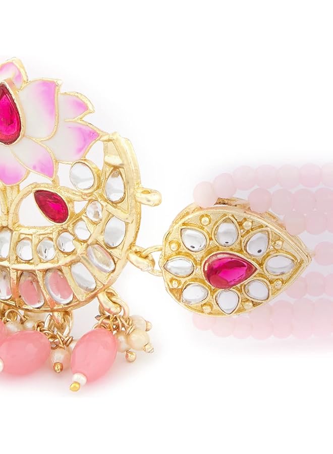 Pink Meenakari Lotus Design Multistrand Beaded Choker Necklace Earring & Ring Set For Women ZPFK13806  - Image 5