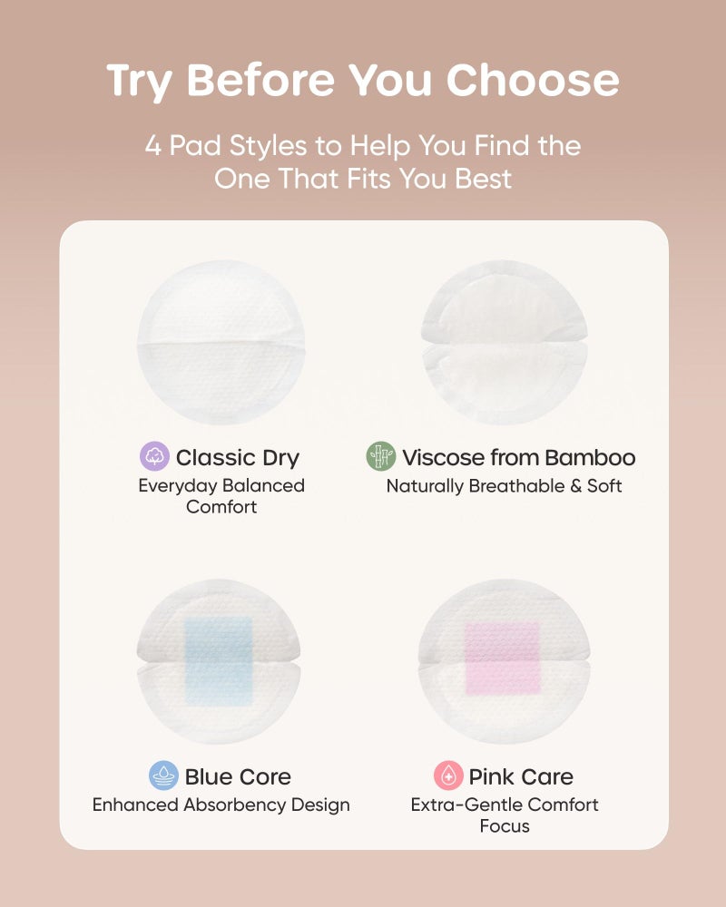Nuliie 100 PCS Disposable Nursing Pads, Ideal for First-Time Buyers to Find Perfect Match, 4 Materials Trial (Viscose from Bamboo, Classic, Blue Core, Pink Care), Breastfeeding Essentials for New Moms - Image 2