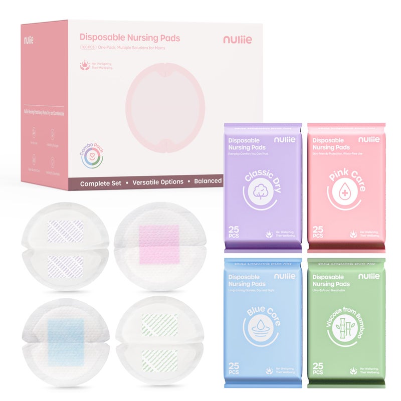 Nuliie 100 PCS Disposable Nursing Pads, Ideal for First-Time Buyers to Find Perfect Match, 4 Materials Trial (Viscose from Bamboo, Classic, Blue Core, Pink Care), Breastfeeding Essentials for New Moms - Image 1