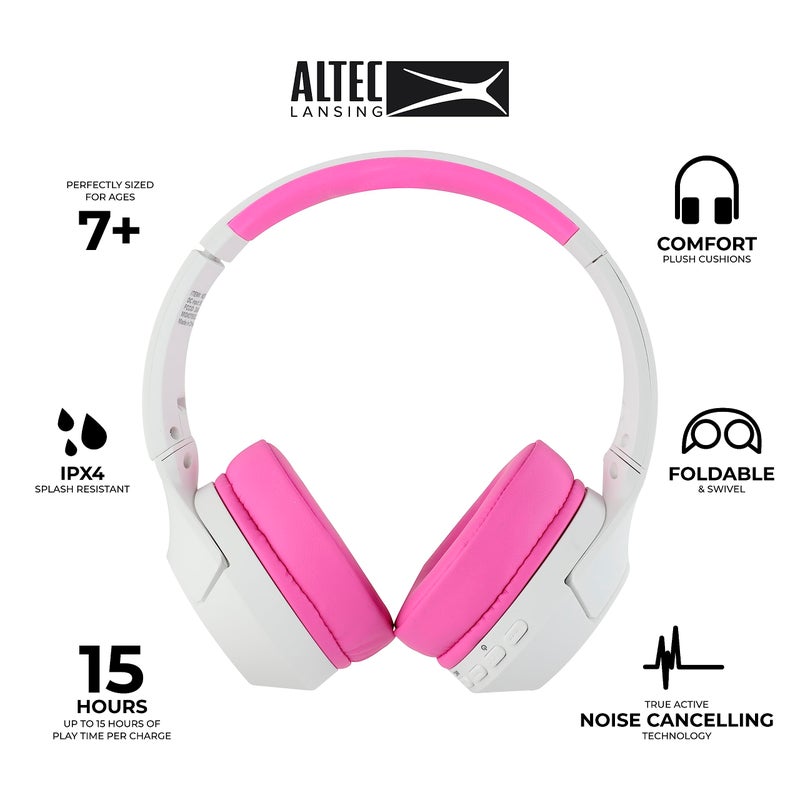 Altec Lansing Kid Safe Noise Cancelling Wireless Headphones 15H Battery, 85dB Volume Limit, Foldable Design Powerful Sound, Active Noise Cancellation Perfect for Kids Ages 7+ (Whiteout Pop Pink) - Image 2
