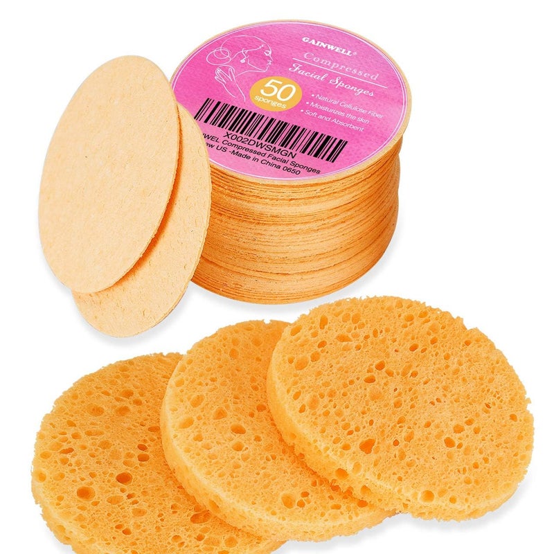 50Count Compressed GAINWELL Cellulose 100 Natural Cosmetic Spa sponges for Facial Cleansing Exfoliating Mask Makeup Removal