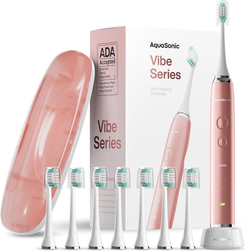 Aquasonic VIBE Series Ultra Whitening Pink Electric Toothbrush - 8 DuPont Brush Heads & Travel Case Included - Sonic 40,000 VPM Motor & Wireless Charging - 4 Modes w Smart Timer - Satin Rose Gold - Image 1