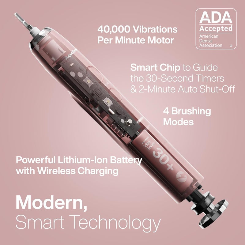 Aquasonic VIBE Series Ultra Whitening Pink Electric Toothbrush - 8 DuPont Brush Heads & Travel Case Included - Sonic 40,000 VPM Motor & Wireless Charging - 4 Modes w Smart Timer - Satin Rose Gold - Image 2