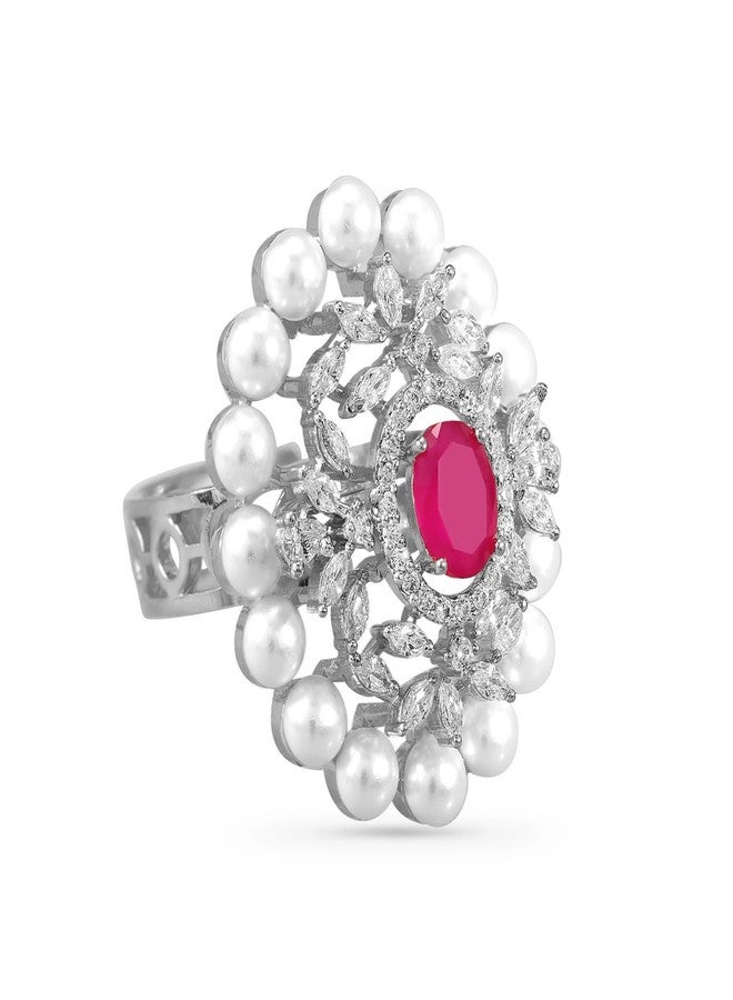 Rubans Rhodium-Plated Ruby Pink, Pearl & Cubic Zirconia Studded Adjustable Finger Ring - Image 1
