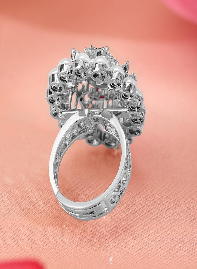 Rubans Rhodium-Plated Ruby Pink, Pearl & Cubic Zirconia Studded Adjustable Finger Ring - Image 2