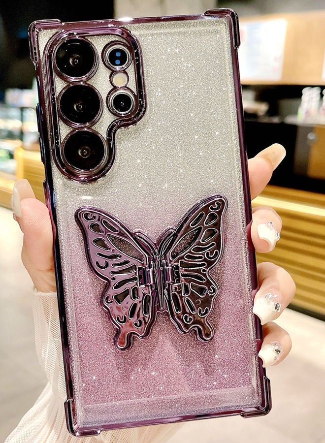 Glitter Case for Samsung S25 Ultra Case ，with Cute Butterfly Stand，Camera Lens Protector， Luxury Gradient Shockproof Phone Cover，Premium Fashion Samsung S25 Ultra Case for Women Girl ，Purple - Image 1