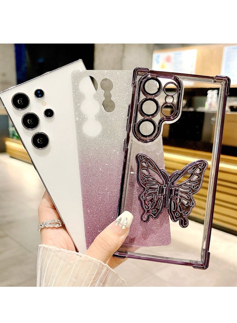 Glitter Case for Samsung S25 Ultra Case ，with Cute Butterfly Stand，Camera Lens Protector， Luxury Gradient Shockproof Phone Cover，Premium Fashion Samsung S25 Ultra Case for Women Girl ，Purple - Image 3