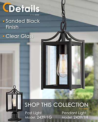 Osimir Outdoor Pendant Light, 14" Large Modern Hanging Porch Light with Adjustable Chain, Black Exterior Outdoor Hanging Lantern with Clear Glass for Porch Foyer Gazebo, 2439/1H - Image 2