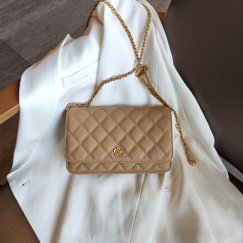 High-End First-Layer Cowhide Quilted Gold Ball Chain Bag One-Shoulder Cross-Body Women'S Bag Small Square Bag - Image 1