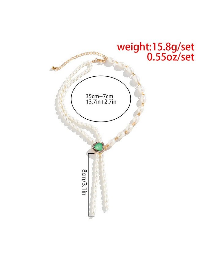 Kercisbeauty Pearl Choker Y Necklace With Emerald Green Gemstones Beads Heart Pendant Women Girls Vintage Jewelry For Dress - Image 3