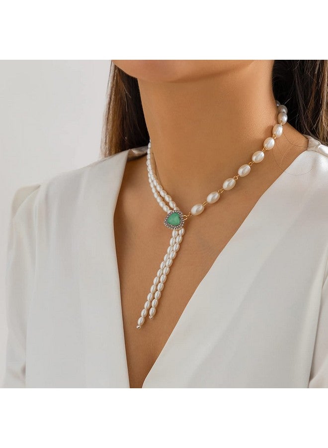 Kercisbeauty Pearl Choker Y Necklace With Emerald Green Gemstones Beads Heart Pendant Women Girls Vintage Jewelry For Dress - Image 1