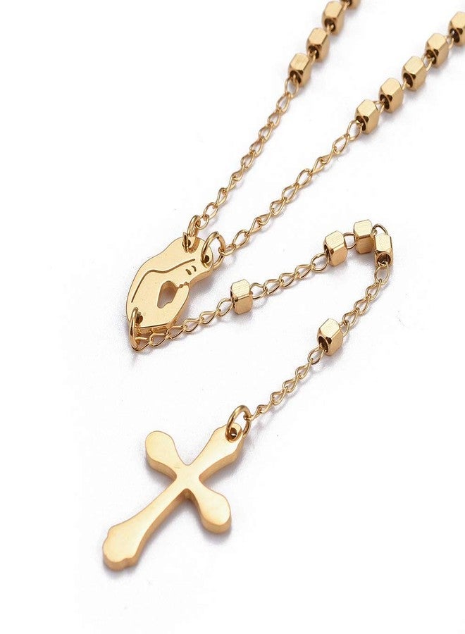 LZD 304 Stainless Steel Rosary Bead Necklace Easter Cross Virgin Mary Gold 21" A387 - Image 2
