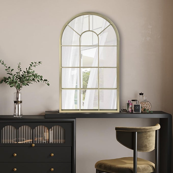 WALL MIRROR WINDOW DECORATIVE MIRRORS ARCHED FARMHOUSE FOR LIVING ROOM BEDROOM ENTRYWAY BATHROOM VANITYGOLD315 X 20 X 1