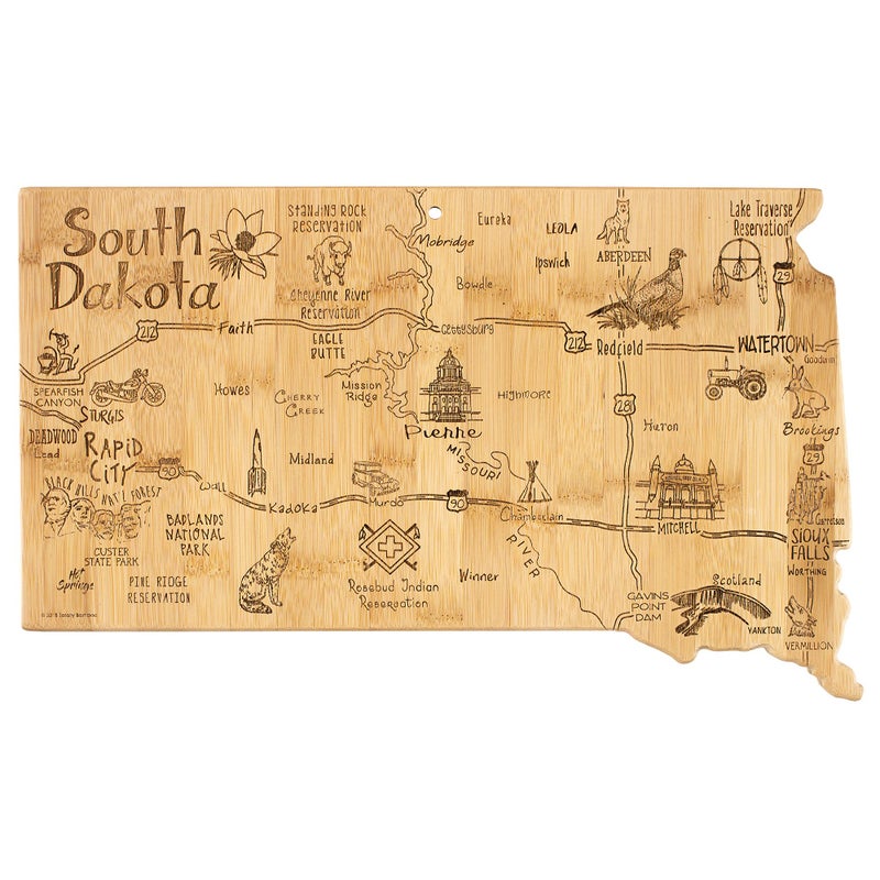 Totally Bamboo Destination South Dakota State Shaped Serving and Cutting Board Includes Hang Tie for Wall Display
