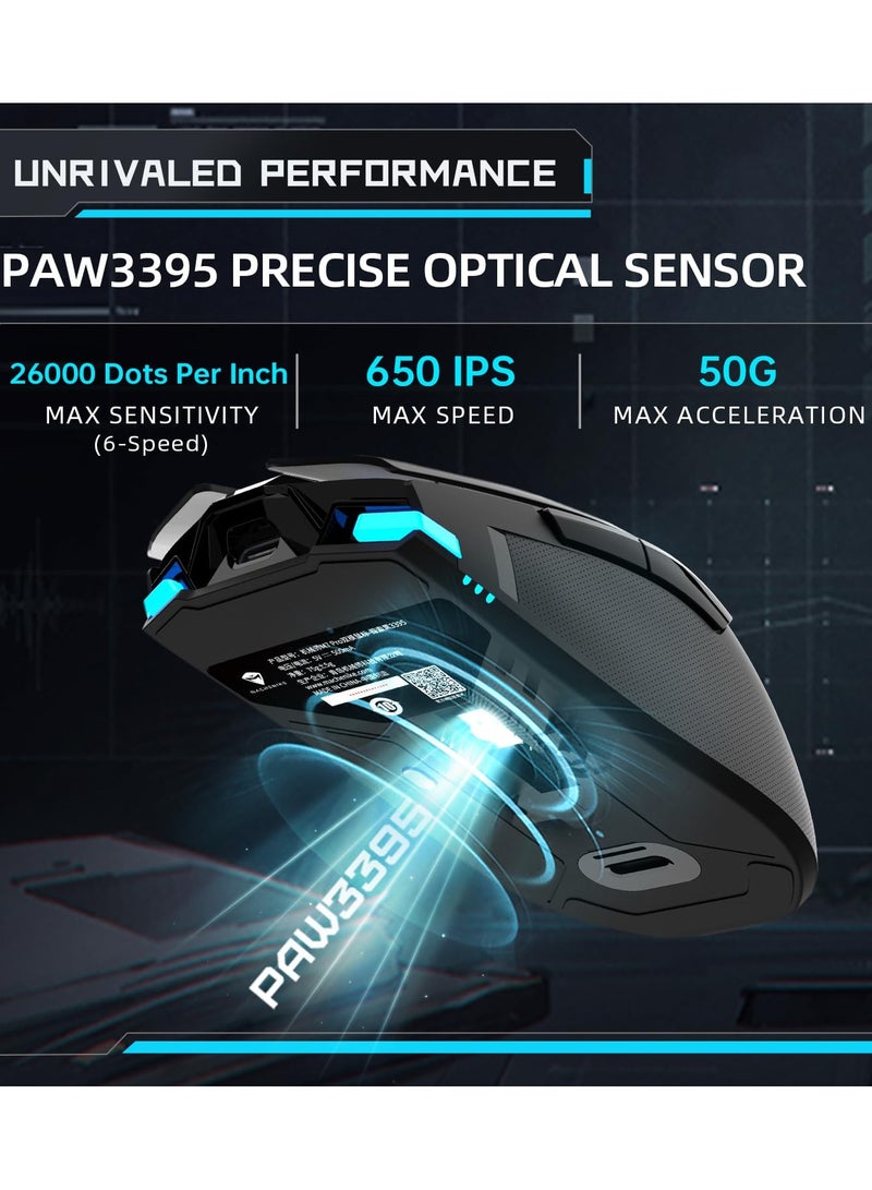ماكينيك ماوس ألعاب لاسلكي M7 PRO، 26000 نقطة في البوصة، مستشعر PAW3395، إضاءة خلفية RGB، تصميم مريح، 6 أزرار قابلة للبرمجة، عمر بطارية طويل، خفيف الوزن للغاية، فأرة ألعاب سوداء متوافقة مع أجهزة الكمبيوتر الشخصية وأجهزة ماك - Image 2