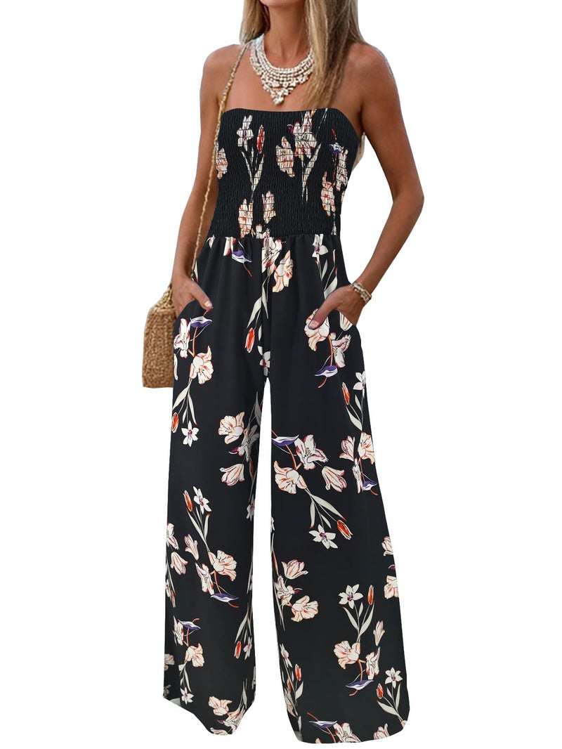AUXDIO Womens Casual Strapless Summer Jumpsuits Loose Off Shoulder Smocked Sleeveless Wide Leg Romper with Pockets 4 Small - Image 1