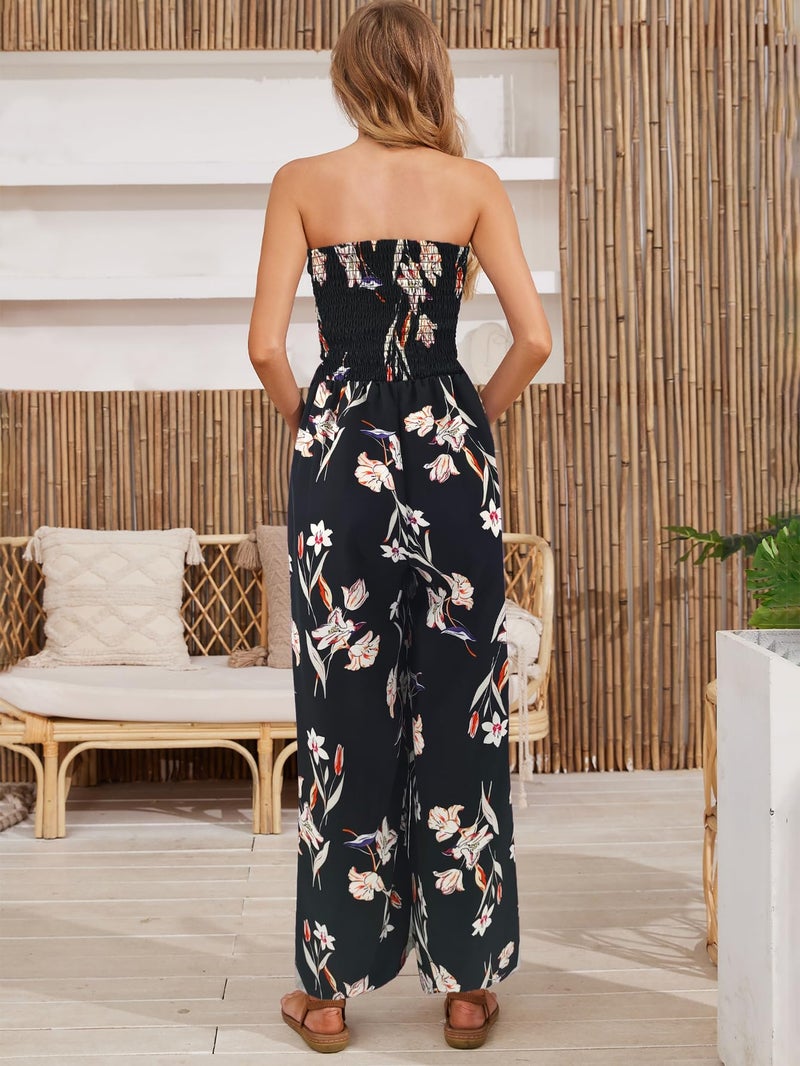AUXDIO Womens Casual Strapless Summer Jumpsuits Loose Off Shoulder Smocked Sleeveless Wide Leg Romper with Pockets 4 Small - Image 3