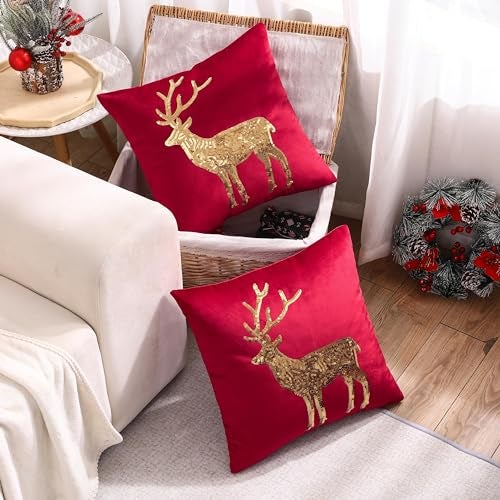 Tosleo Christmas Pillowcases 18 x 18 inch Set of 2 Red Deer Sequins Throw Pillow Cover Christmas Pillow case Party Decor Winter Holiday Cushion Case - Image 3