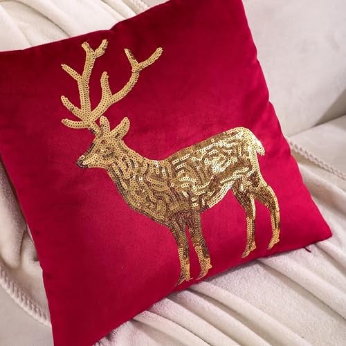 Tosleo Christmas Pillowcases 18 x 18 inch Set of 2 Red Deer Sequins Throw Pillow Cover Christmas Pillow case Party Decor Winter Holiday Cushion Case - Image 4