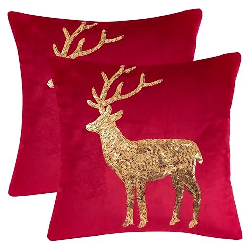 Tosleo Christmas Pillowcases 18 x 18 inch Set of 2 Red Deer Sequins Throw Pillow Cover Christmas Pillow case Party Decor Winter Holiday Cushion Case - Image 1