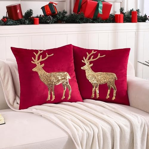 Tosleo Christmas Pillowcases 18 x 18 inch Set of 2 Red Deer Sequins Throw Pillow Cover Christmas Pillow case Party Decor Winter Holiday Cushion Case - Image 2