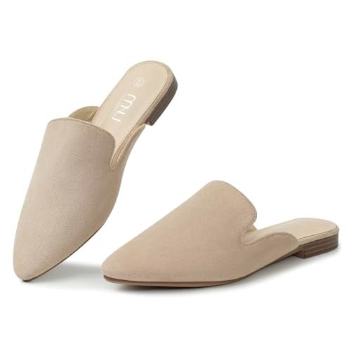MUSSHOE All-Season Women's Mules：Pointed Toe Backless Loafers：Slip-on Dressy Comfortable Casual Office Business Flat Shoes for Working Women Aged 25-45,Beige Suede 8 - Image 1