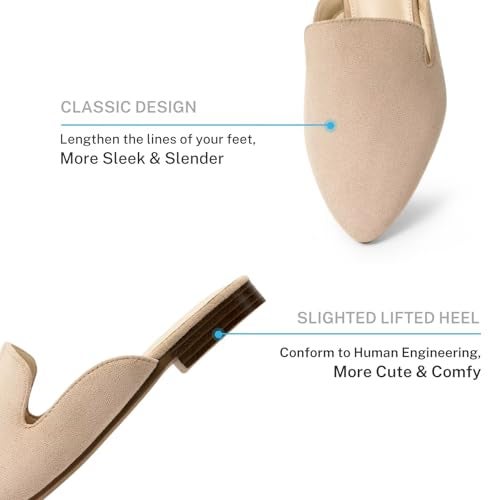 MUSSHOE All-Season Women's Mules：Pointed Toe Backless Loafers：Slip-on Dressy Comfortable Casual Office Business Flat Shoes for Working Women Aged 25-45,Beige Suede 8 - Image 2