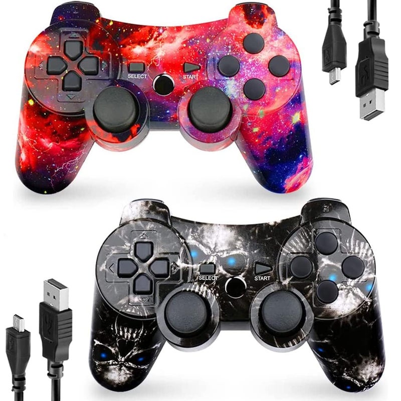 CHENGDAO Controller for PS3 2 Pack Wireless Controller for Playstaion 3 6-Axis with High-Performance Double Virbration, Motion Control, USB Charging Cable (Skull + Galaxy) - Image 1