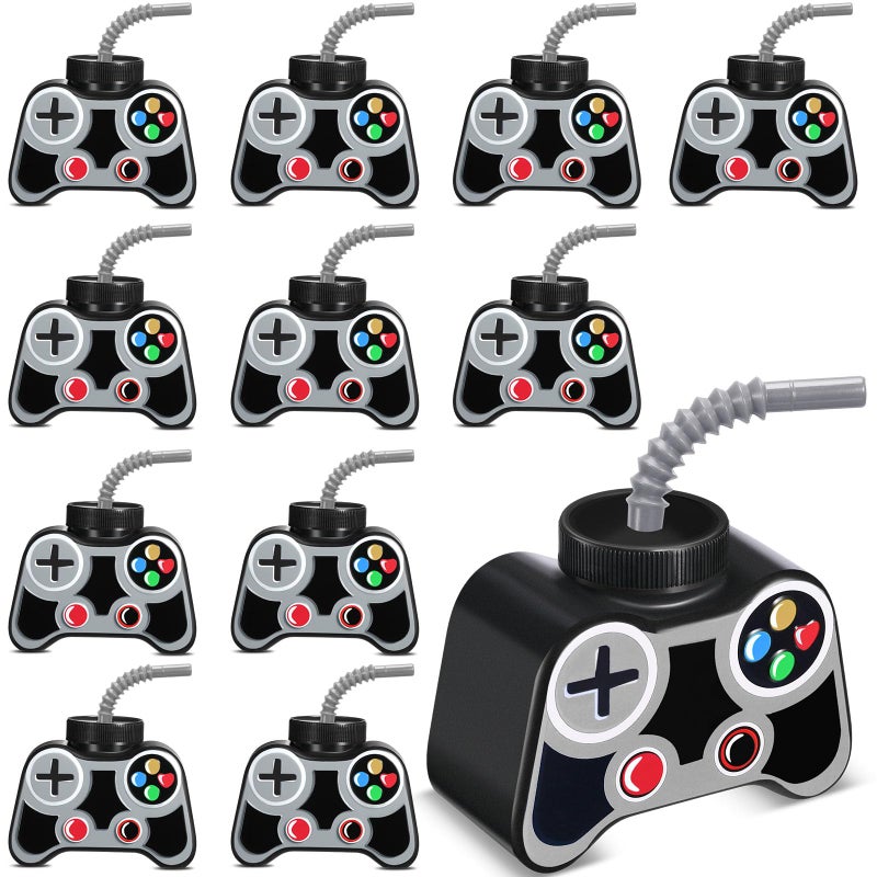 Mifoci 12 Pcs Plastic Video Game Party Cups with Straw and Lid 10oz Gamer Birthday Themed Drink Cups 7th Video Game Party Favors for Kids Toddlers Gamer Birthday Supplies Gray - Image 2