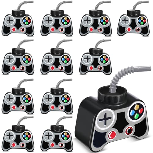 Mifoci 12 Pcs Plastic Video Game Party Cups with Straw and Lid 10oz Gamer Birthday Themed Drink Cups 7th Video Game Party Favors for Kids Toddlers Gamer Birthday Supplies Gray - Image 1